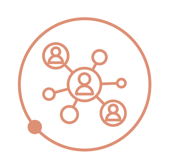 Icone content 7 cercles connectés entourés d'un cercle de couleur cuivre